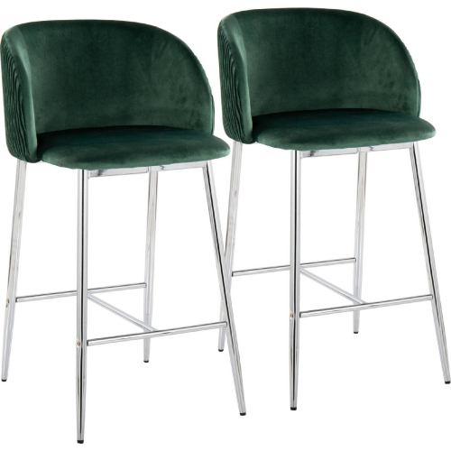 Fran Pleated Waves Counter Stool in Chrome & Green Velvet (Set of 2)